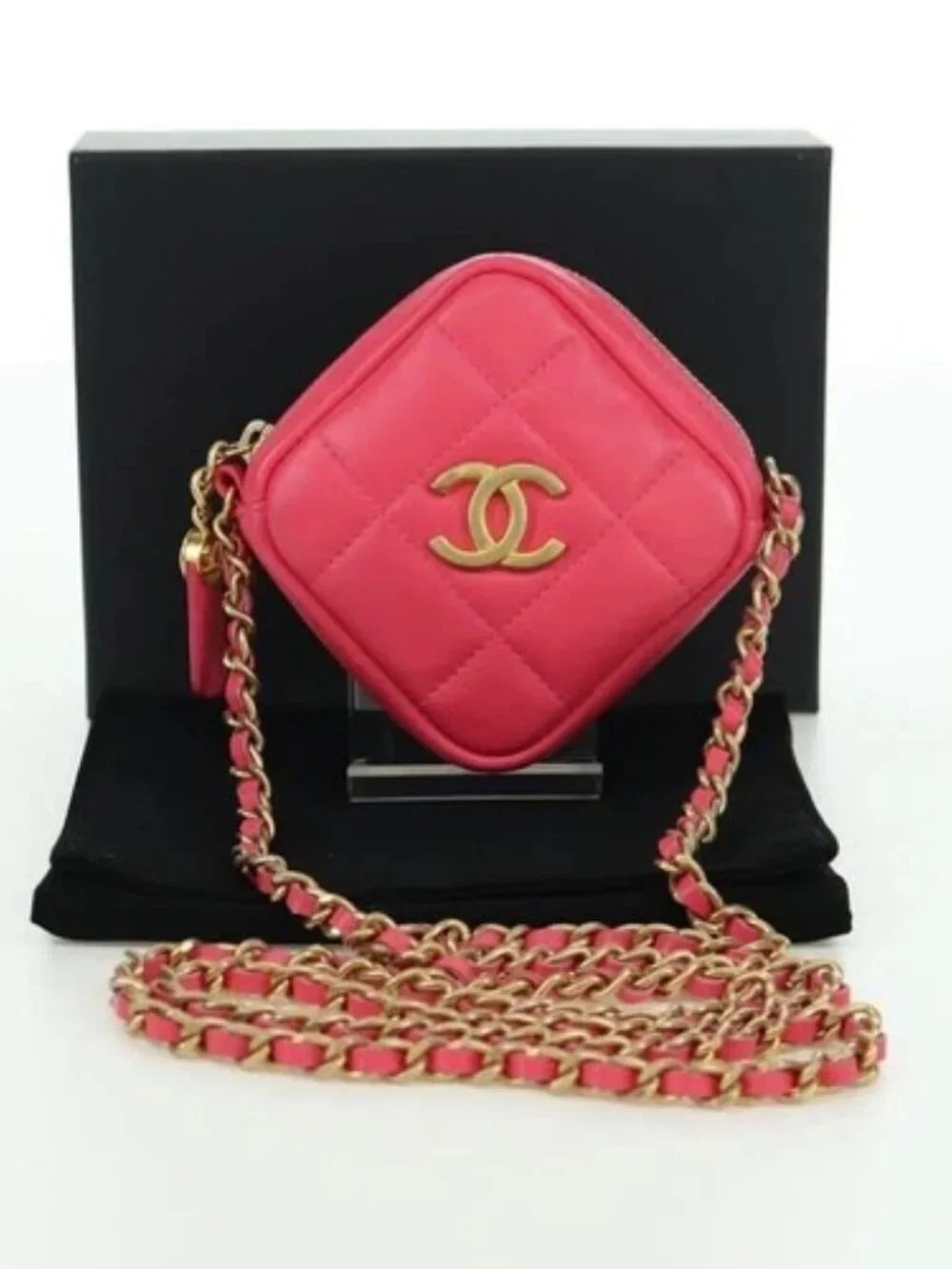 CHANEL Choco Bar Chain Shoulder Pouch Lamb Skin Pink Gold CC Auth LNZ440SAM